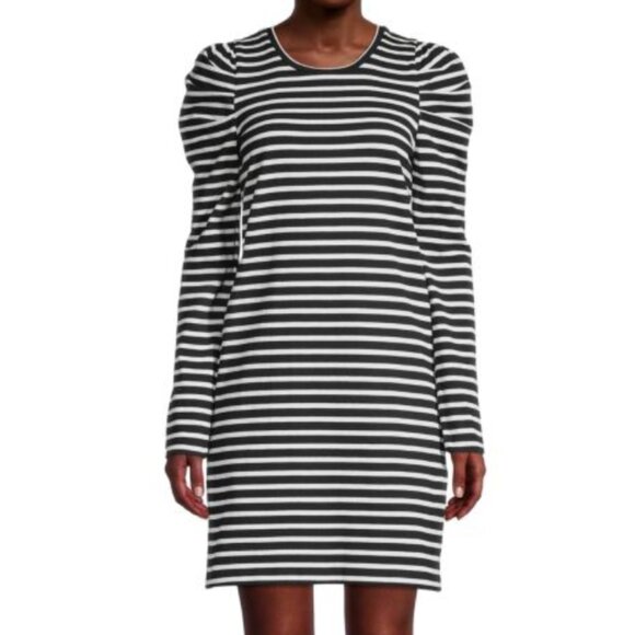 Rebecca Minkoff Talia Striped Puff-Sleeve Dress Black and White - Picture 1 of 6